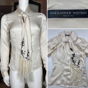 Alexander McQueen Ivory Silk Tie-Neck Button-Down Blouse with Black Embroidery